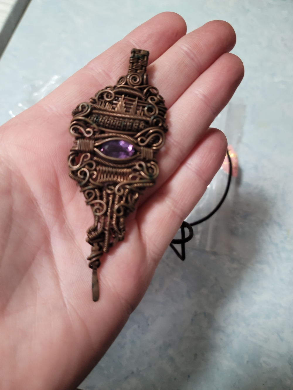 Wire Wrapped Pendant Necklace with Purple Stone